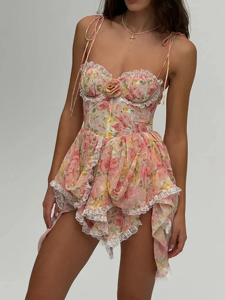 Floral Lace Up Sleeveless A Line Mini Dress for Women