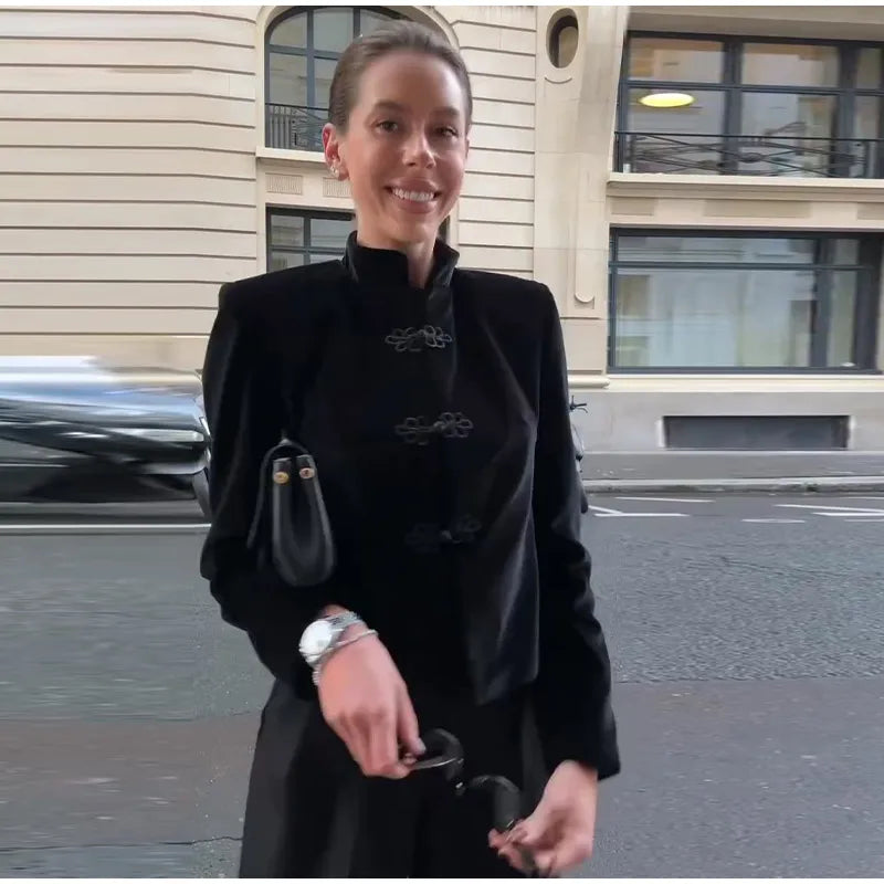 Chinese Knot Stand Collar Long Sleeve Jacket for Women