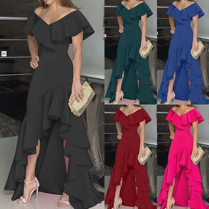 Elegant V-Neck Ruffle Hem Asymmetrical Dress European Style Women's Fashion 2026 Gown Classy Eveningwear