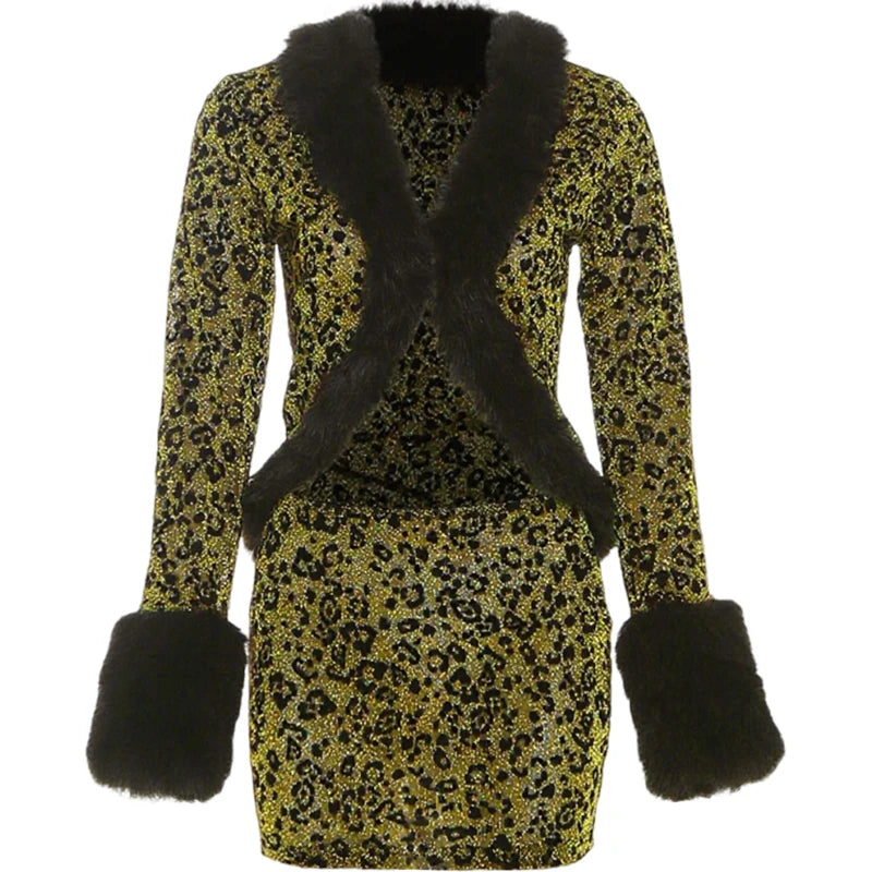 Cutenew Women 2 Piece Set Wild Fur Glitter Fluff Patchwork Cardigan Tops+Peach Hip Skirts Midnight Matching Hipster Clubwear