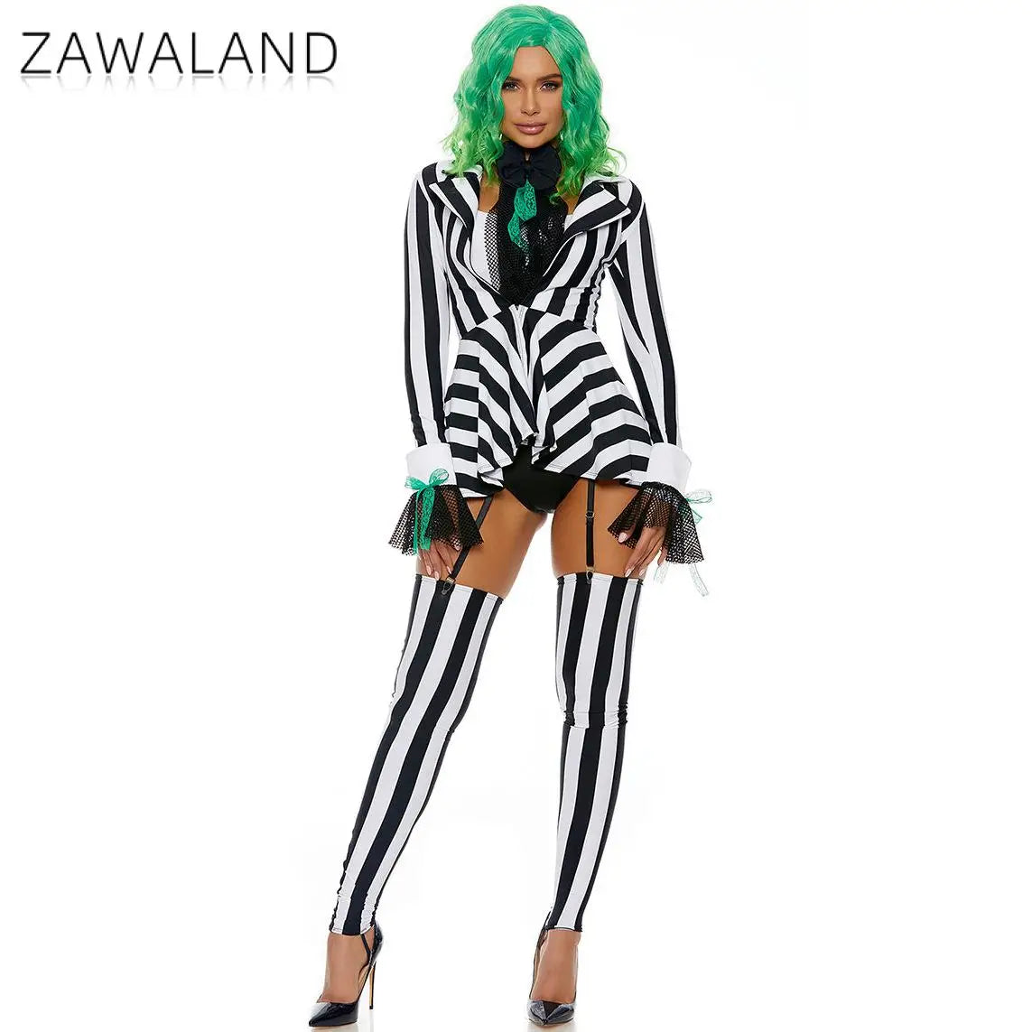 Striped Black And White Clown Costume Set With Jacket And Socks For Women