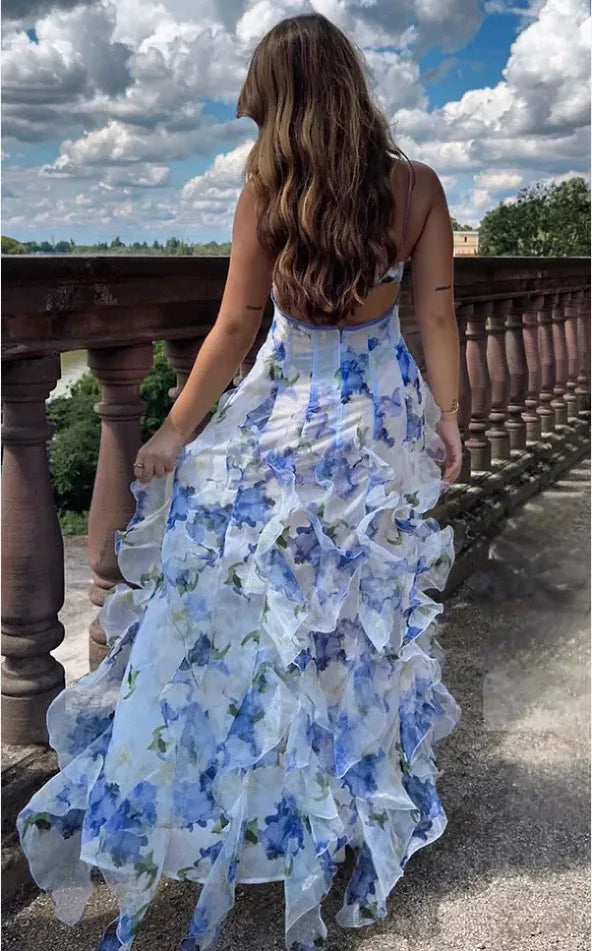 Boho Floral Ruffles Sleeveless Maxi Dress for Women