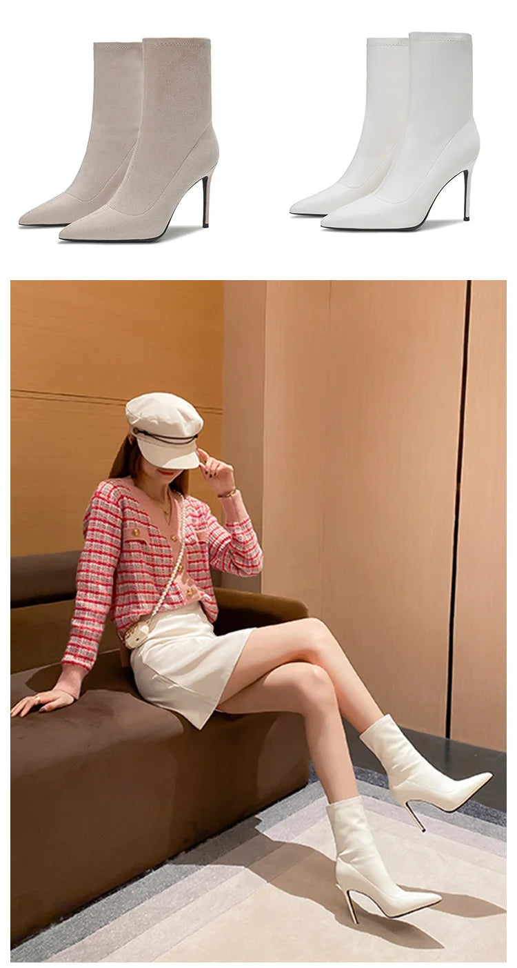 Elegant Pointed Stiletto Ankle Boots With Elastic Slip On Closure For Women