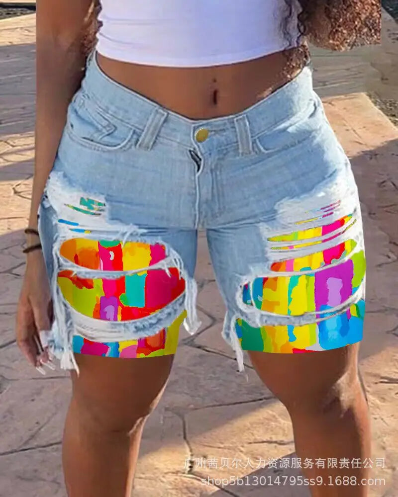 Casual Slim Knee Length Patchwork Denim Shorts for Women
