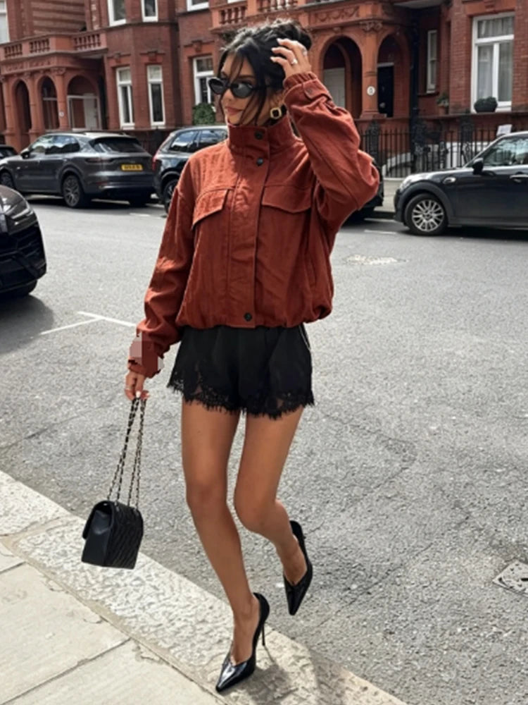 Casual Solid Loose Jacket Stand Collar With Big Pockets for Women