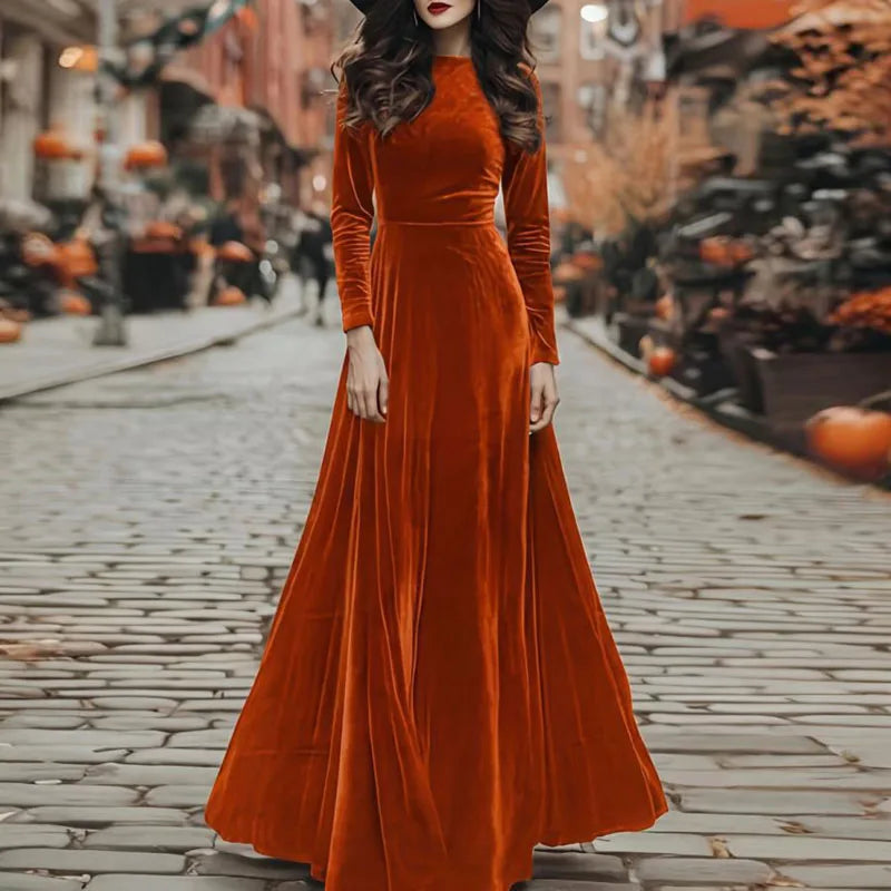 Elegant Velvet Long Sleeve A Line Maxi Dress for Women