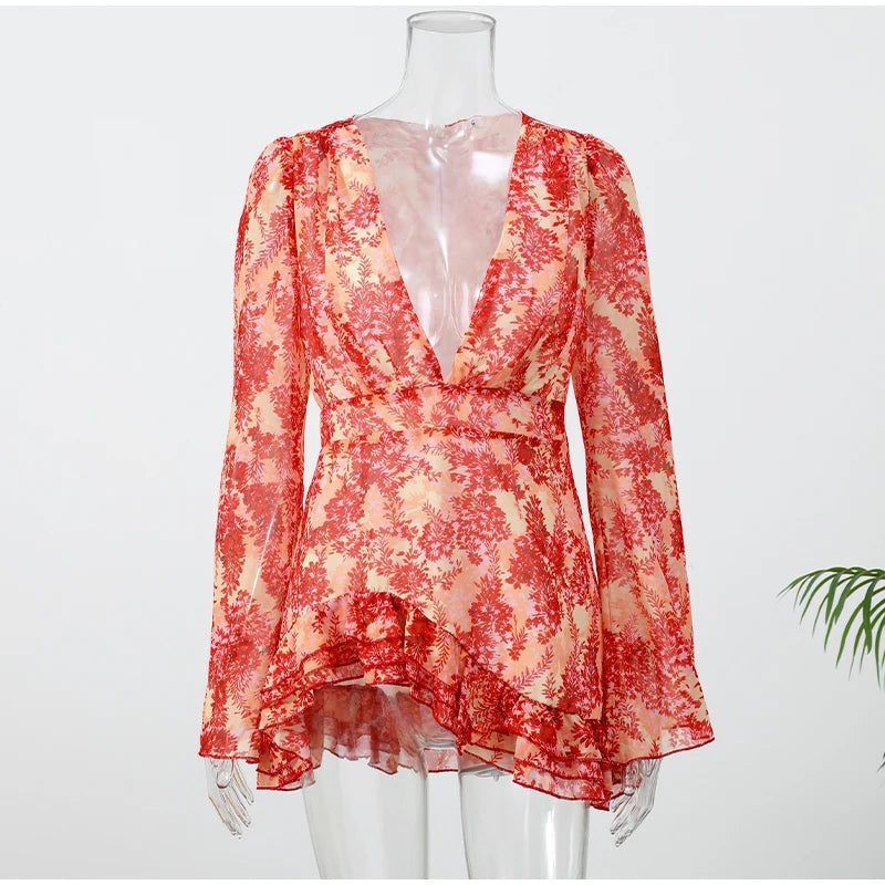 Floral Puff Sleeve Top and Mini Skirt Set for Women