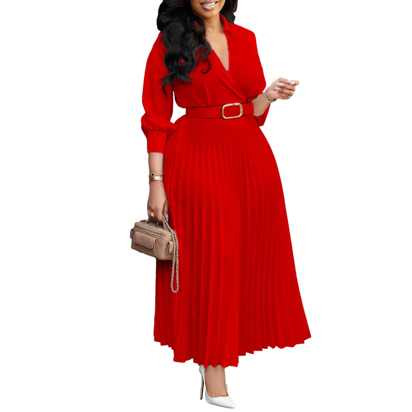 Elegant Office Dresses for Women Pleated Deep V Neck Full Sleeve Belt Waisted Ankle Length African Business Work Wear Dress New