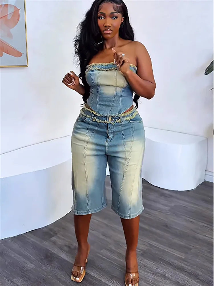 Weird Puss Cowboy 2 Piece Set Women Vintage Hipster Wrap Zip Backless Tube Tops+Button Straight Shorts Sexy Summer Matching Suit
