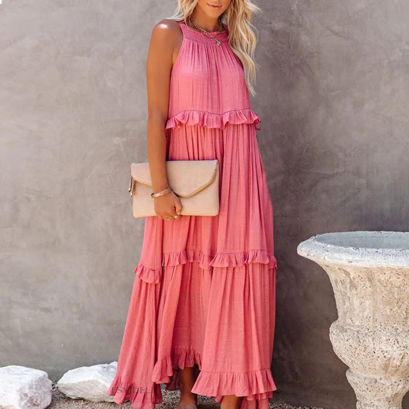 Solid Ruffled Sleeveless Maxi Sundress for Women