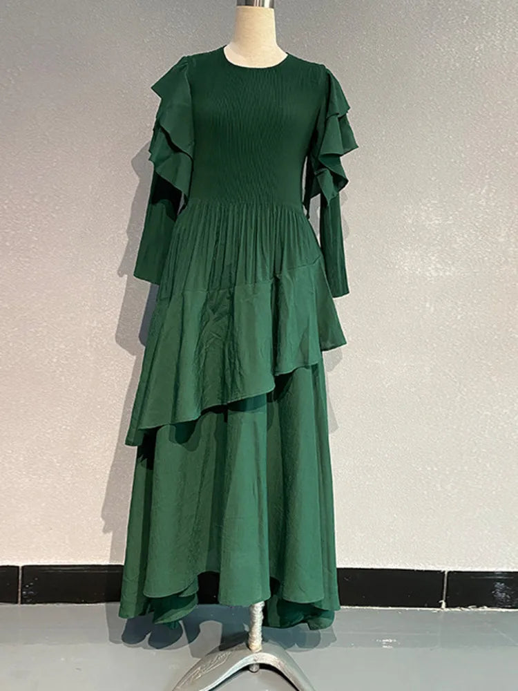 Pleated Tiered Long Sleeve Maxi Dress