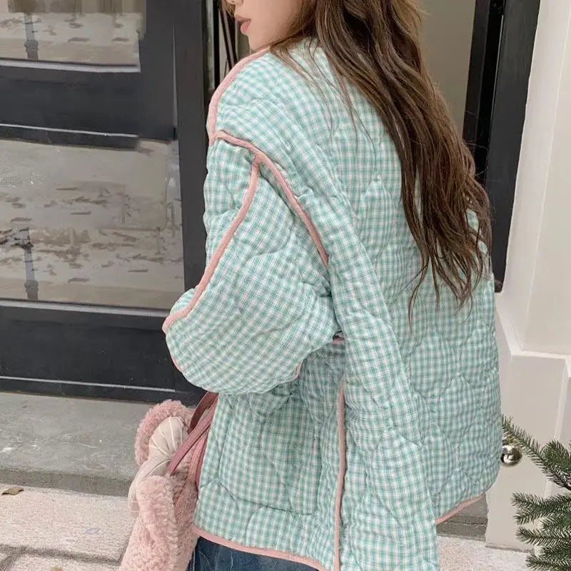 Retro floral small fresh color matching plaid cotton-padded jacket women's autumn and winter plus cotton coats on both sides.