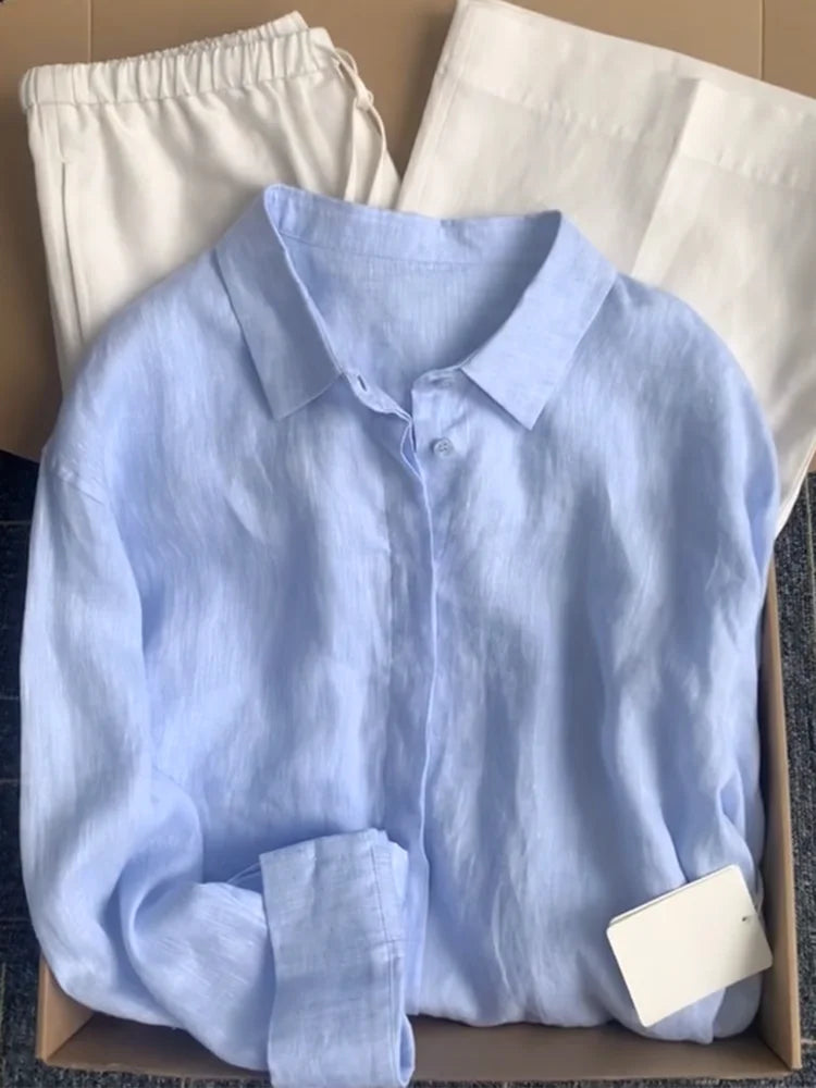 Solid Color V Neck Long Sleeve Casual Blouse for Women