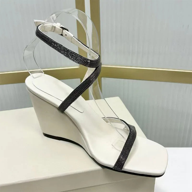 Square Toe Suede Wedge Sandals With Beaded Straps For Women
