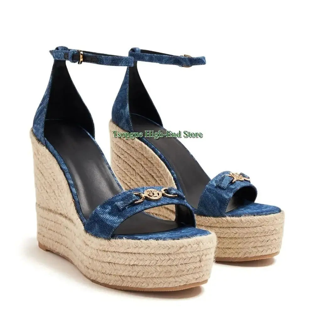 Woven Espadrille Platform Buckle Wedge Sandals for Women