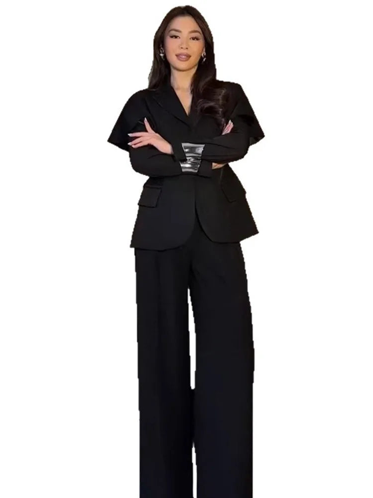 Shawl Lapel Blazer and Pants Set With Pockets for Women