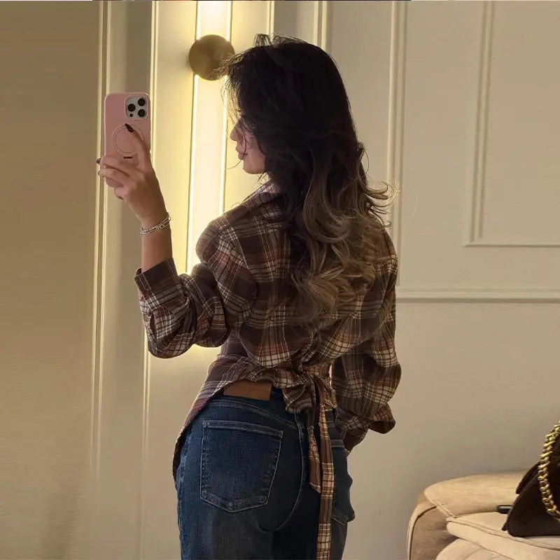 Long Sleeve Plaid Button-Up Shirt Jacket for Women