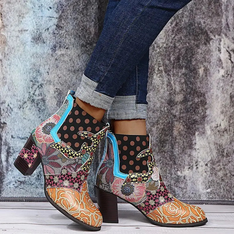 Vintage Printed Leather Zippered Ankle Boots for Women