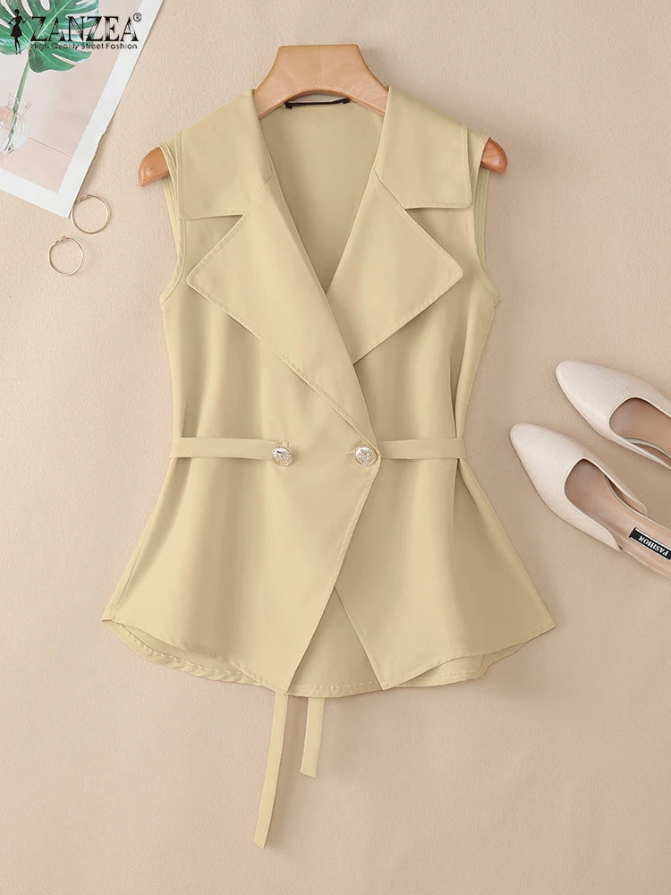 ZANZEA Elegant Women Sleeveless Blazer Fashion Lapel Neck Sashes Vest Tops 2025 Summer Lightweight Office Wear Commuting Tops
