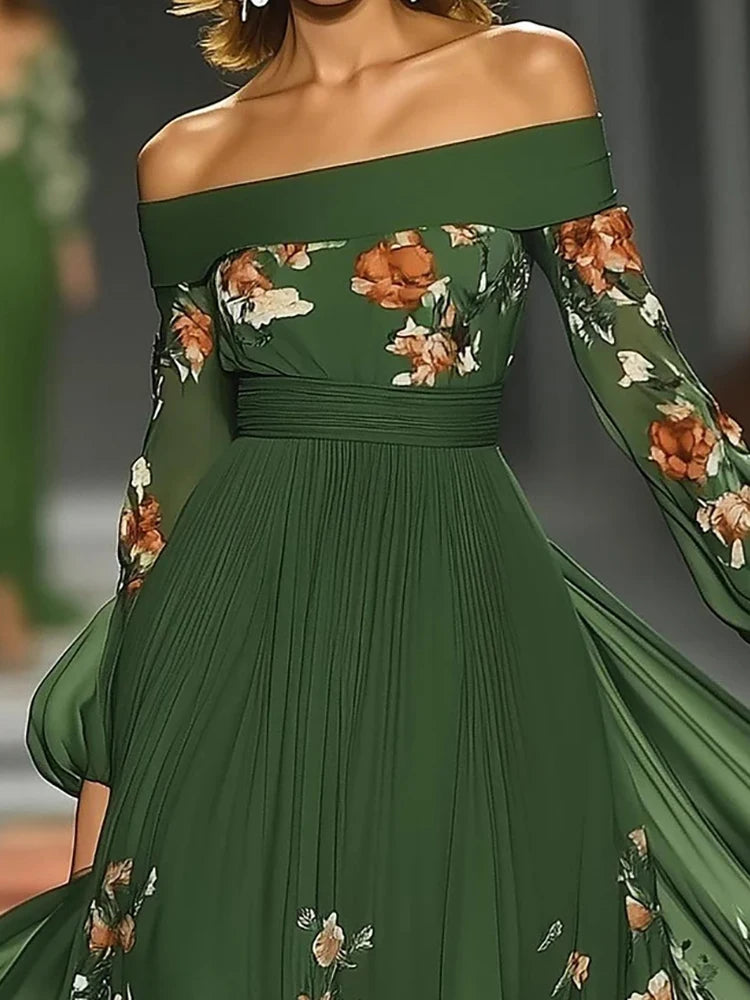 Slash Neck Holiday Patchwork Party Dress, Women Spring Autumn Long Lantern Sleeve Maxi Dress, Print Elegant Simple Ladies Dress