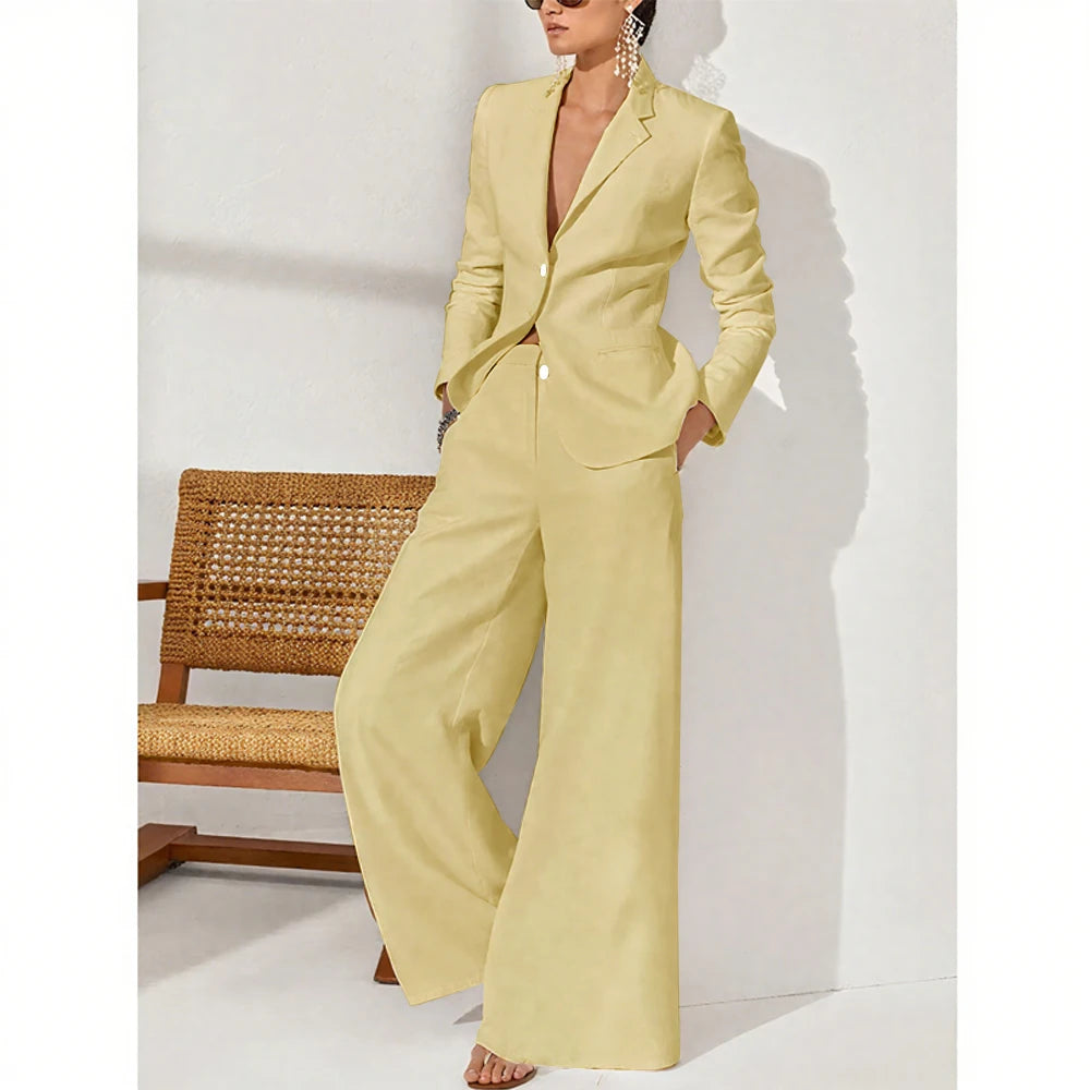 Summer Linen Women Pants Sets White Fashion Notch Lapel Single Breasted 2 Piece Elegant Chic Daily Casual Office Female Suit