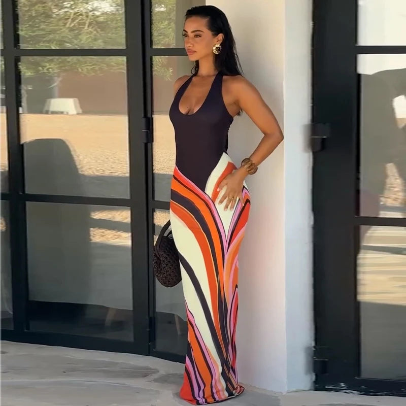 Color Block Sleeveless Backless Square Neck Maxi Dress For Women