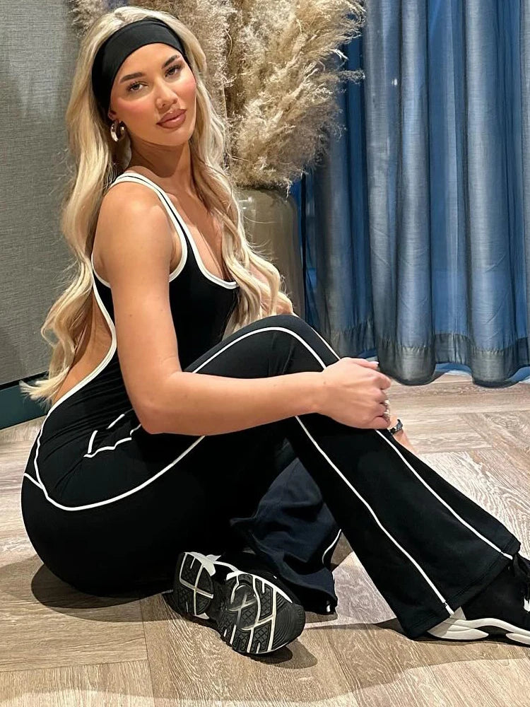 Cutenew Panelled Stripe Women Jumpsuits Casual Summer Sporty O-neck Sleeveless Backless Skinny Overalls Female Active One Piece
