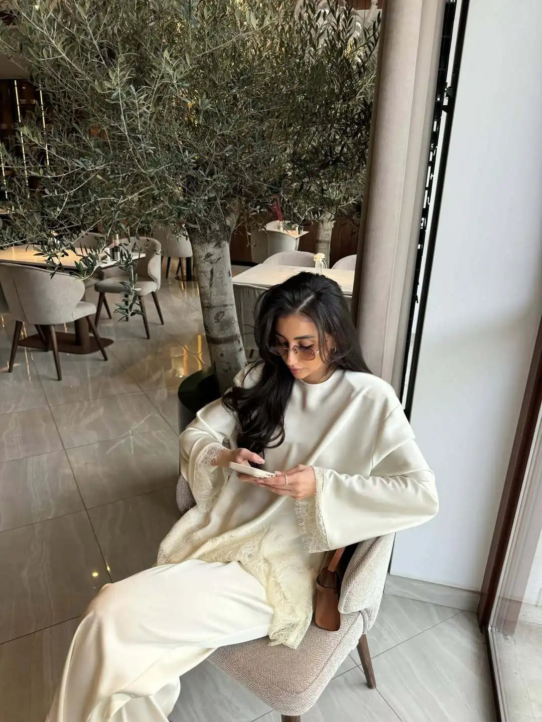 Elegant Lace Satin Wide Leg Pants Two Piece Set for Women