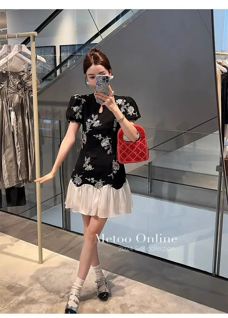 Slim Sequin Embroidery Chinese Style Splice Dress for Women