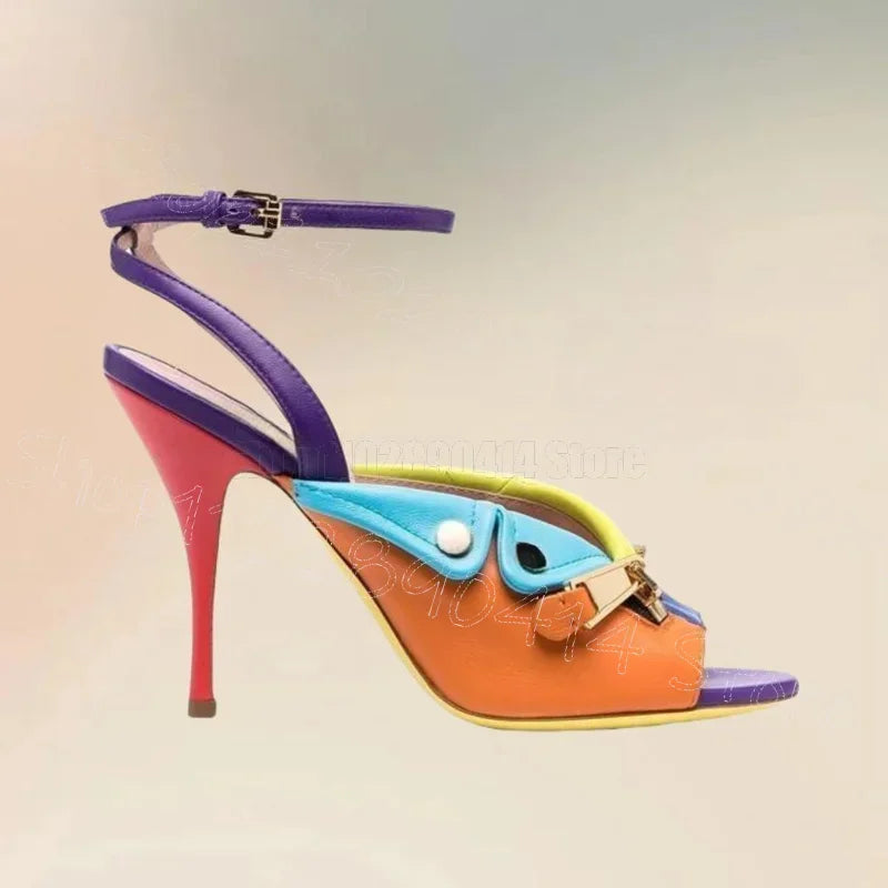 Metal Zipper Colorful Patchwork Leather Buckle Sandals for Women