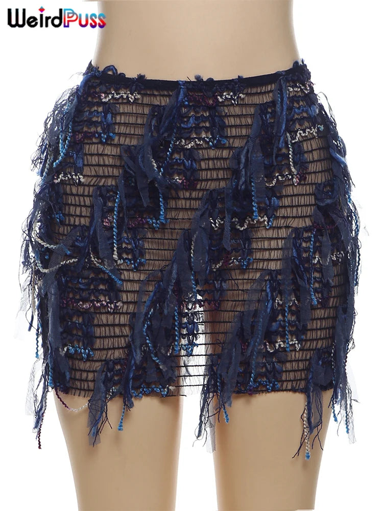 Colorful Tassel Stretch Knit Bodycon Maxi Skirt for Women