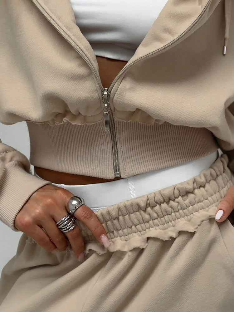 Patchwork Zip Hooded Crop Tracksuit Set