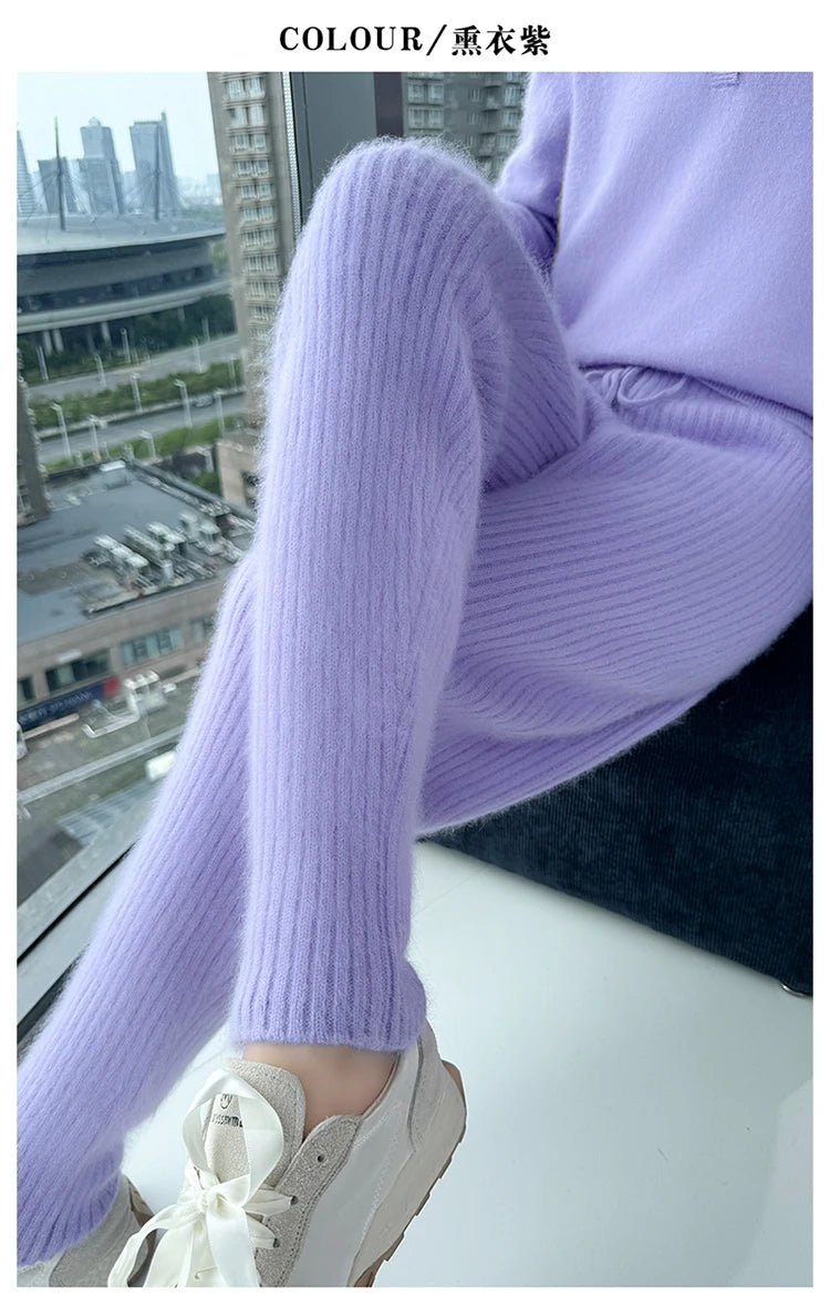 Warm Knit Elastic Waist Slim Fit Trousers for Women