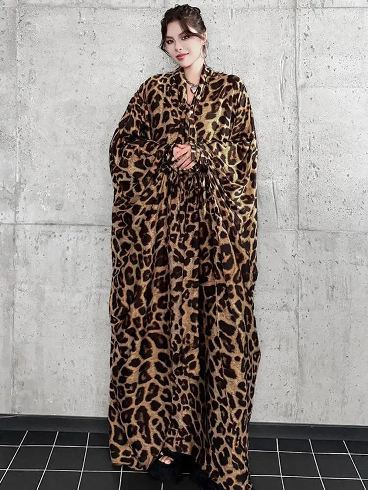 Leopard Print V-Neck Long Sleeve Midi Dress for Women