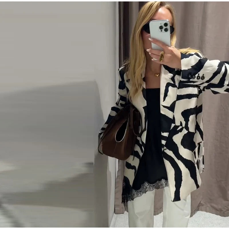 Oversized Zebra Print Long Sleeve Blazer for Women