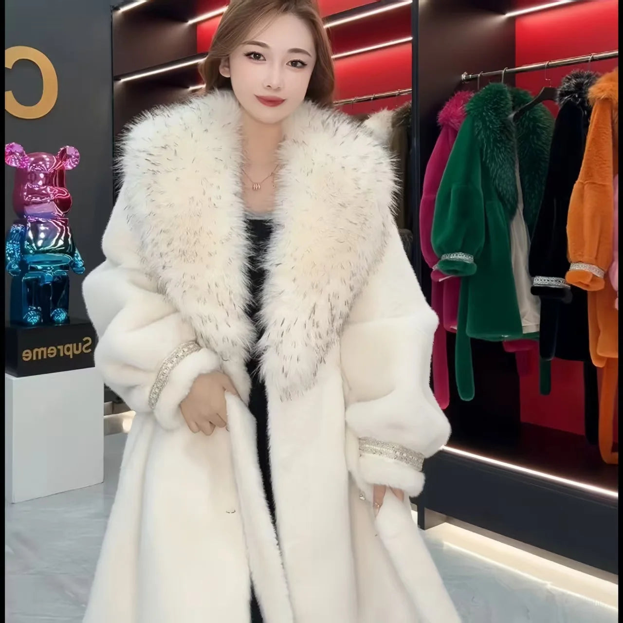 Faux Fur Coat for Women,Turn-down Collar,Loose Thicken Warm Jacket,Female Clothes,Adjustable Waist,New ,Winter