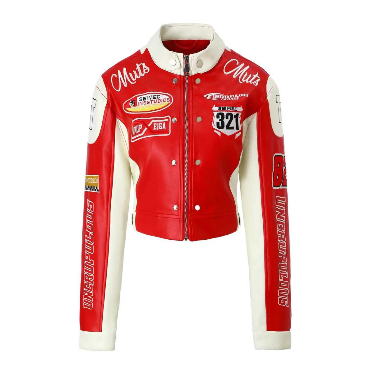 Contrasting Color Embroidered PU Leather Jacket for Women