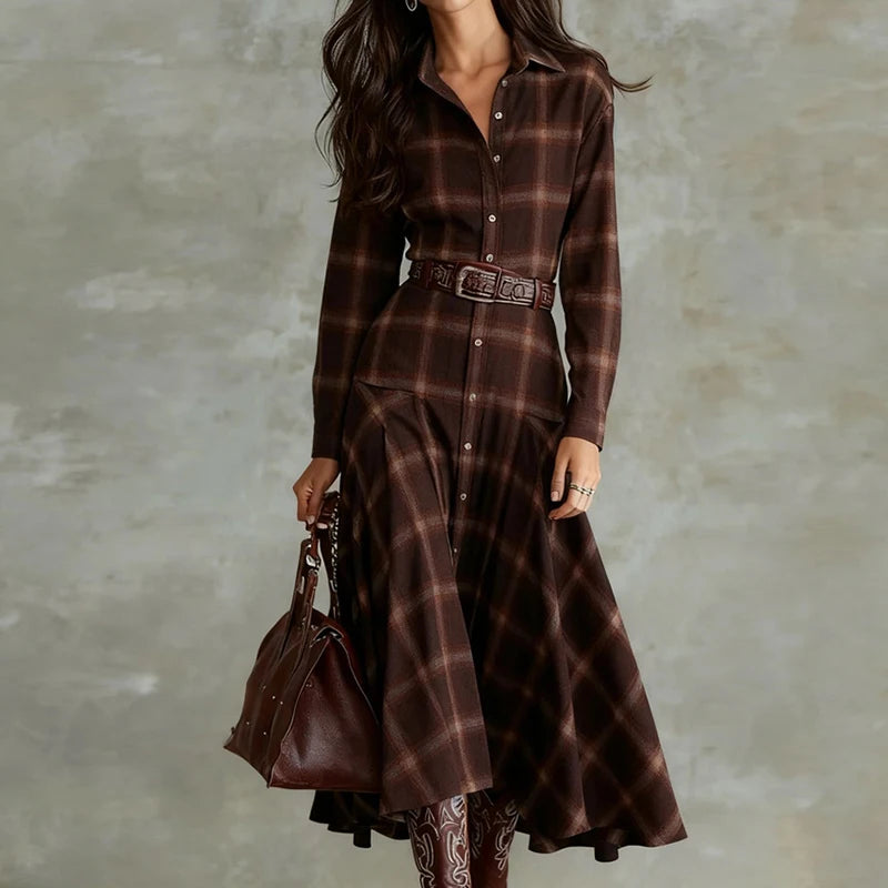 V Neck Printed Patchwork Long Sleeve Maxi Dress for Women