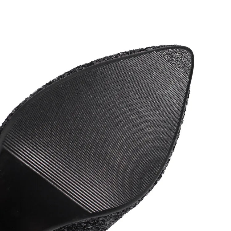 New Blingbling Pointed Toe Women Chunky Spike Heel Sequins Ankle Boots V Open Slip On Spike Heel Pointy Sequined Boots Size 43
