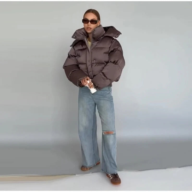 Detachable Hood Cropped Padded Winter Jacket for Women