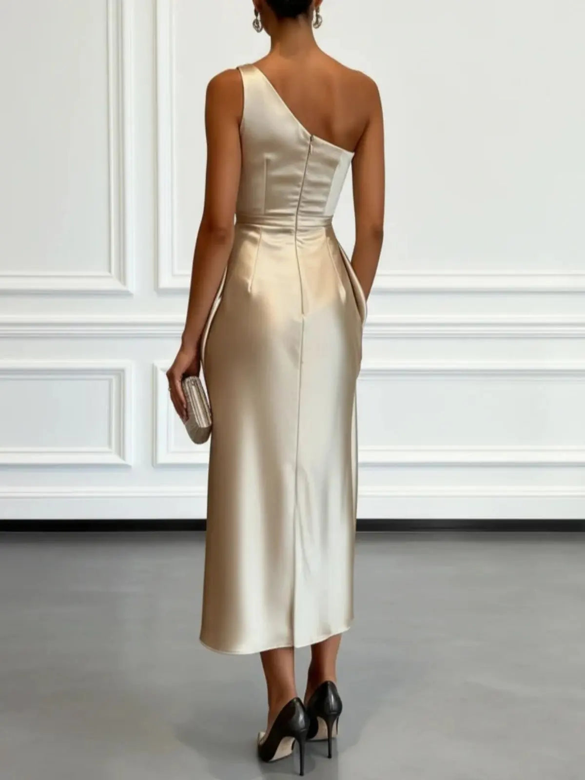 Elegant Satin Sleeveless Evening Party Midi Dress for Women