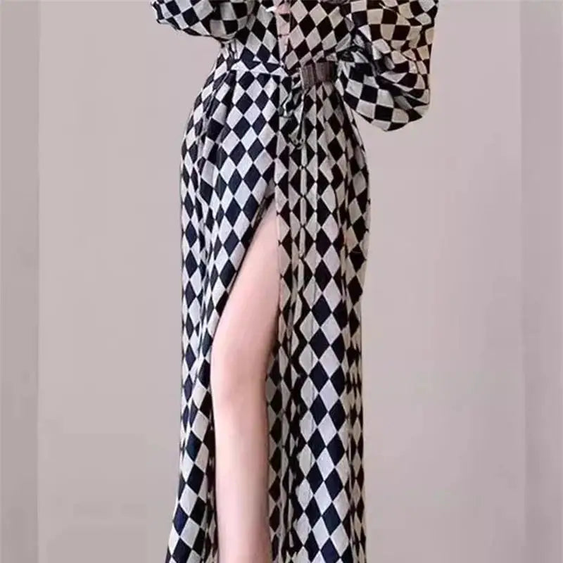 Lace Up Lantern Sleeve Plaid Dress