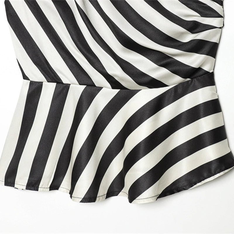 One Shoulder Striped Pleated Top With Backless Cut for Women