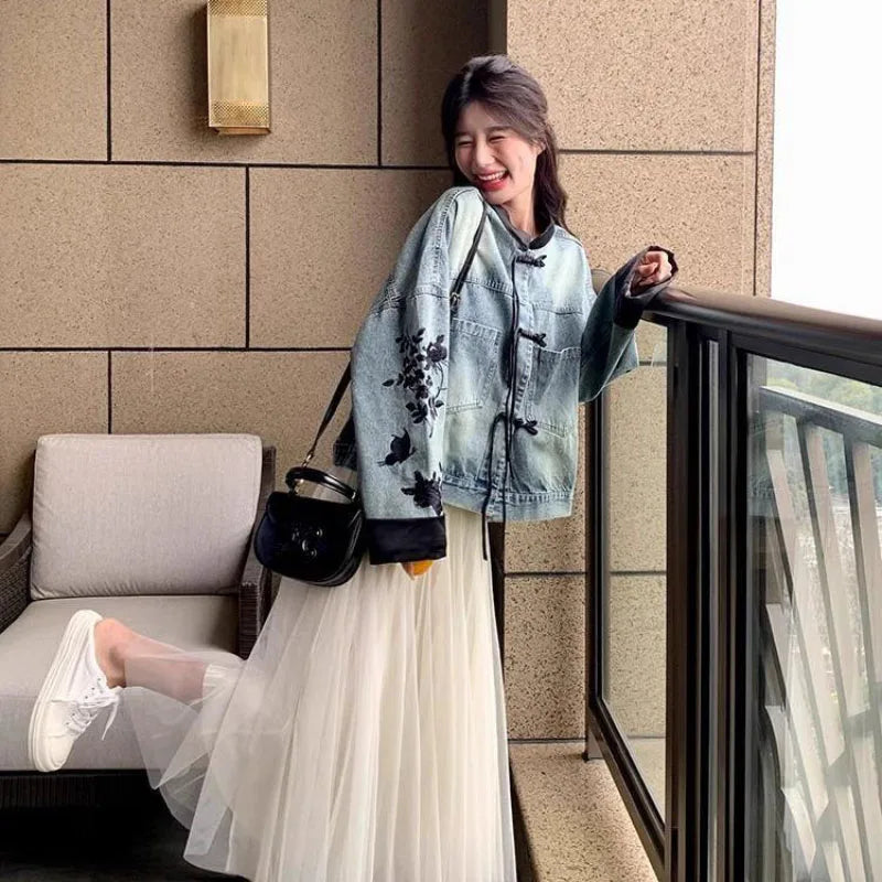 Plus Size Embroidered Denim Jacket