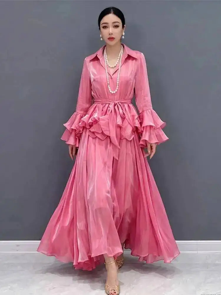 Belted Flare Sleeve Two Piece Set