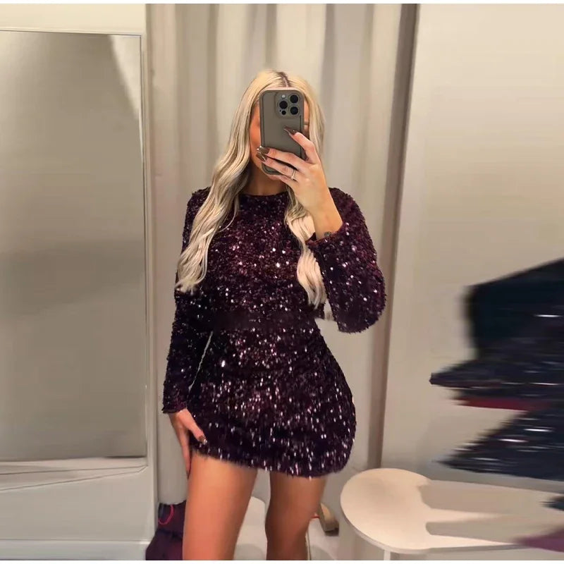 Sequined Paillette Glitter Evening Mini Dress for Women