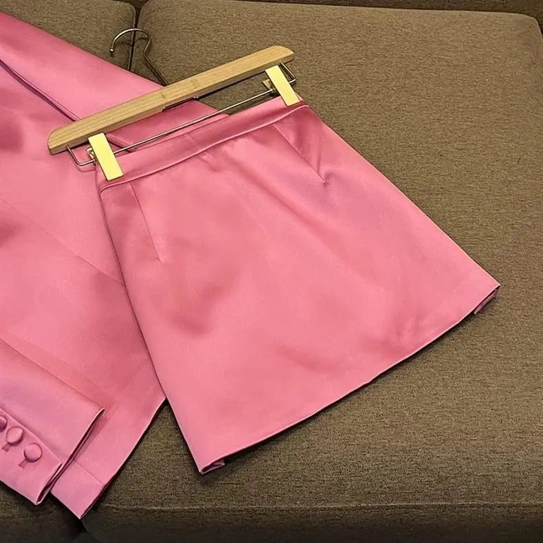 Elegant Pink Long Sleeve Blazer And Short Skirt Set For Women