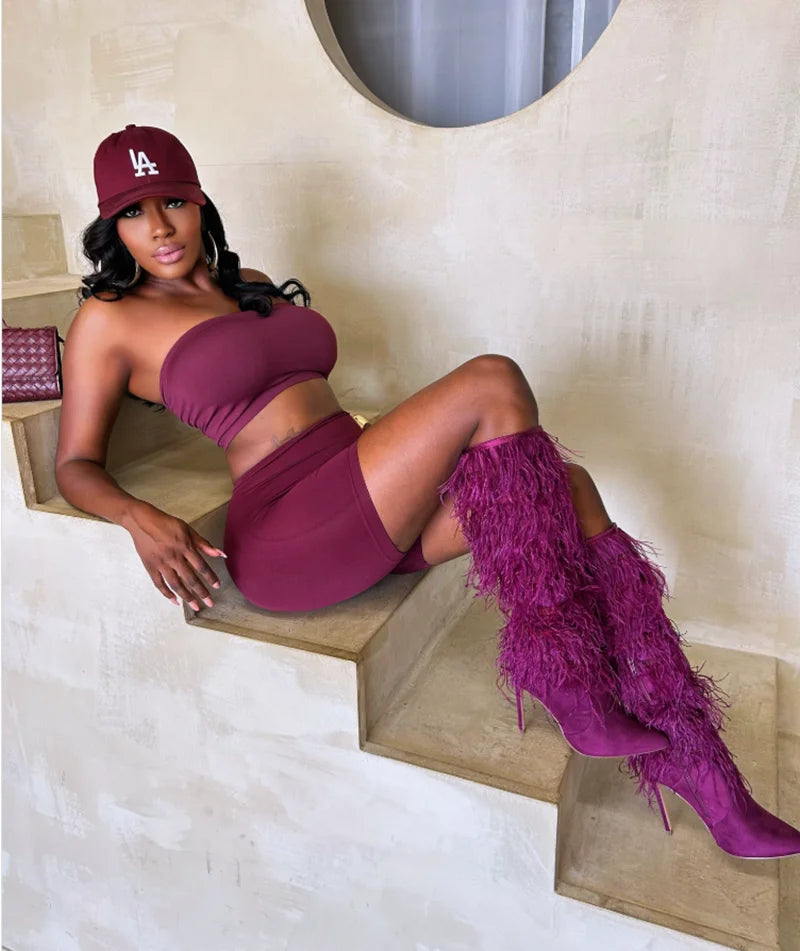 Magenta Suede Fluffy Fringe Stiletto Knee High Boots For Women