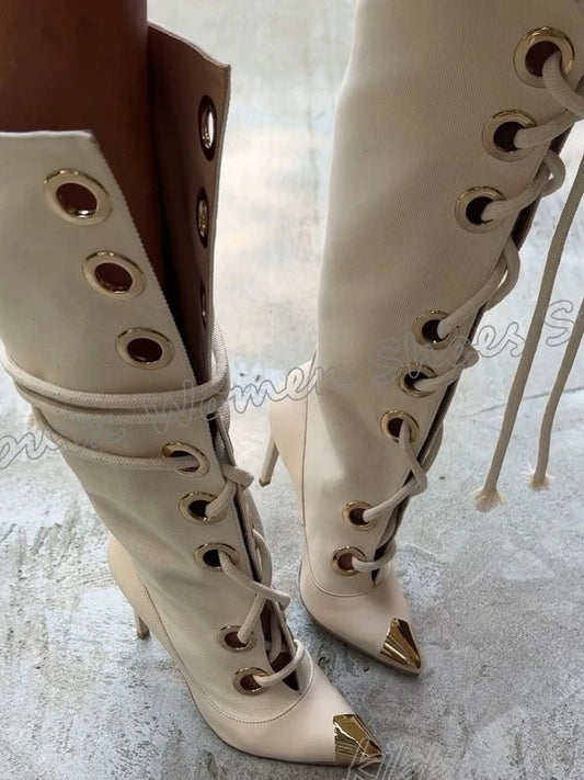 Metal Decor Knee High Boots Suede Lace-Up Pointy Thin High Heel Solid Color Fashion Novelty Sexy Elegant Concise Women Shoes New