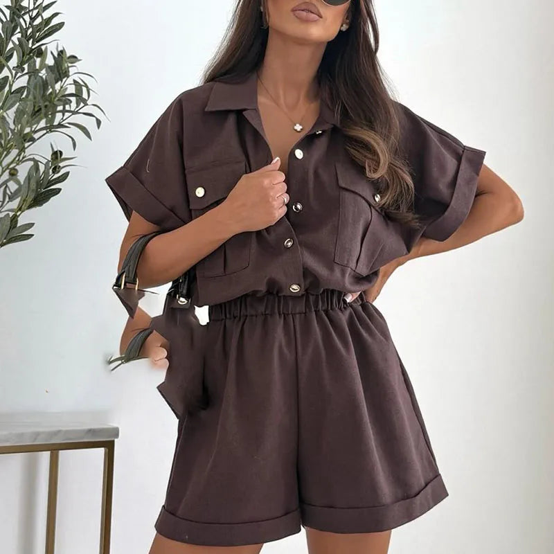 Vintage Solid Waist Button Front with Pockets Jumpsuit for Women